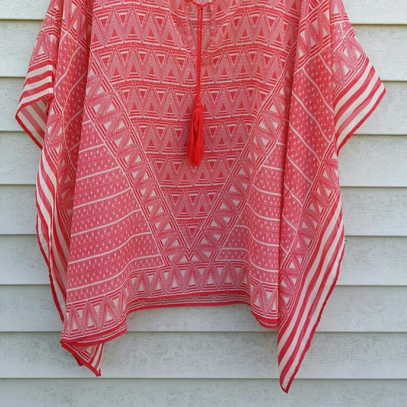 Chico's Coral Print Tassel Tie Kaftan Tunic Top - Picture 4 of 11